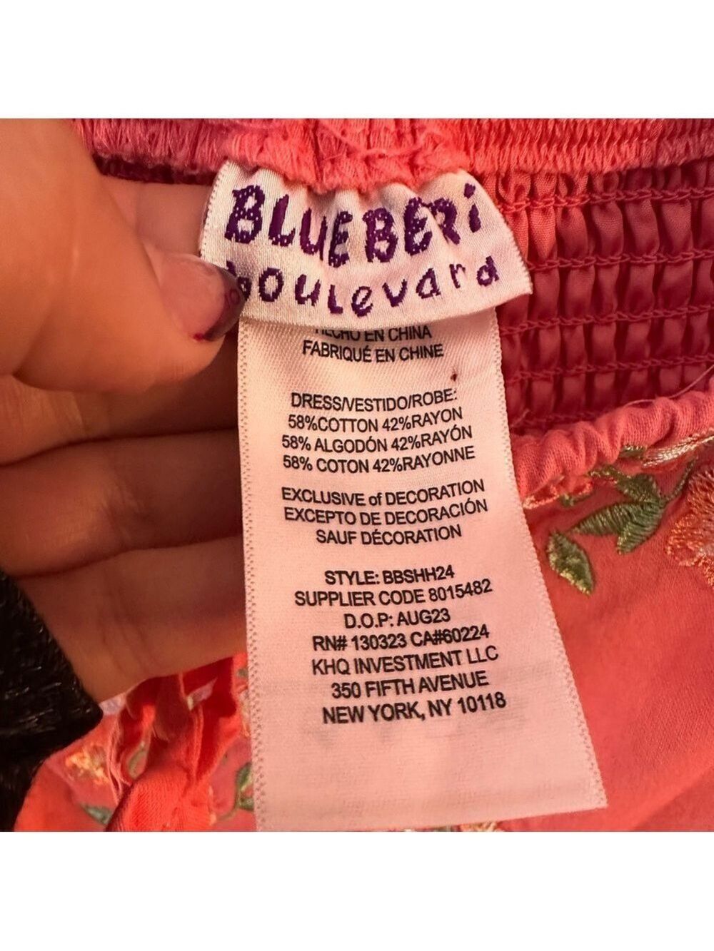 Blueberi Boulevard Embroidered Milk Maid Dress Coral Pink Puff Sleeve Ruffle Hem - Picture 9 of 10